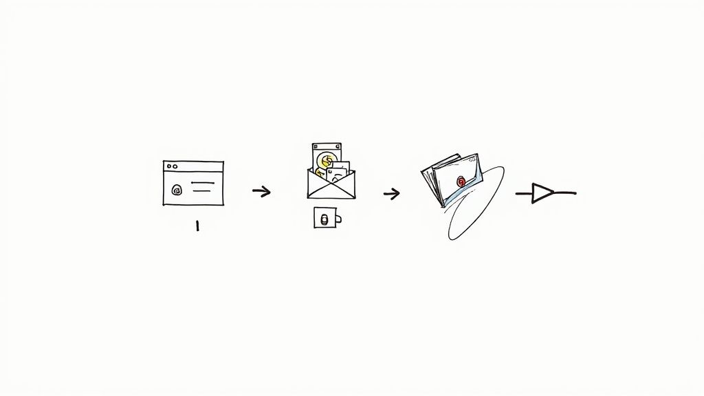 A hand-drawn diagram illustrating a digital process from web input to secure document delivery.