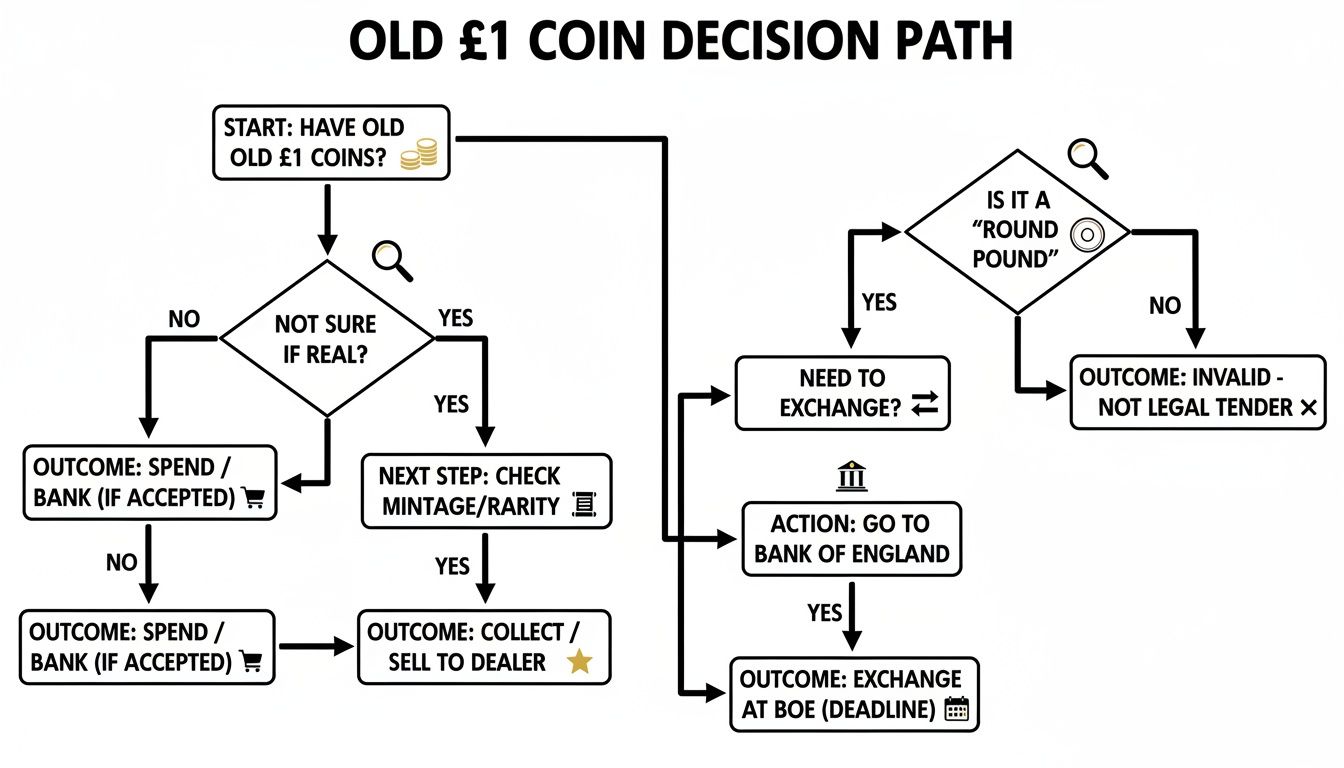 Flowchart illustrating the decision path for old £1 coins, covering authenticity and exchange options.