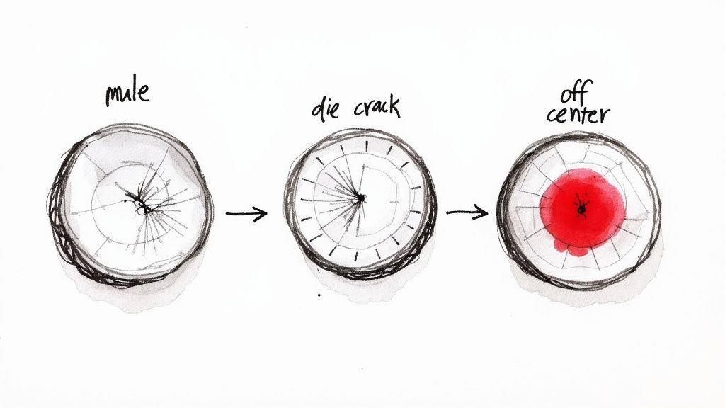 Three diagrams illustrating coin minting errors: mule, die crack, and off center, with arrows.