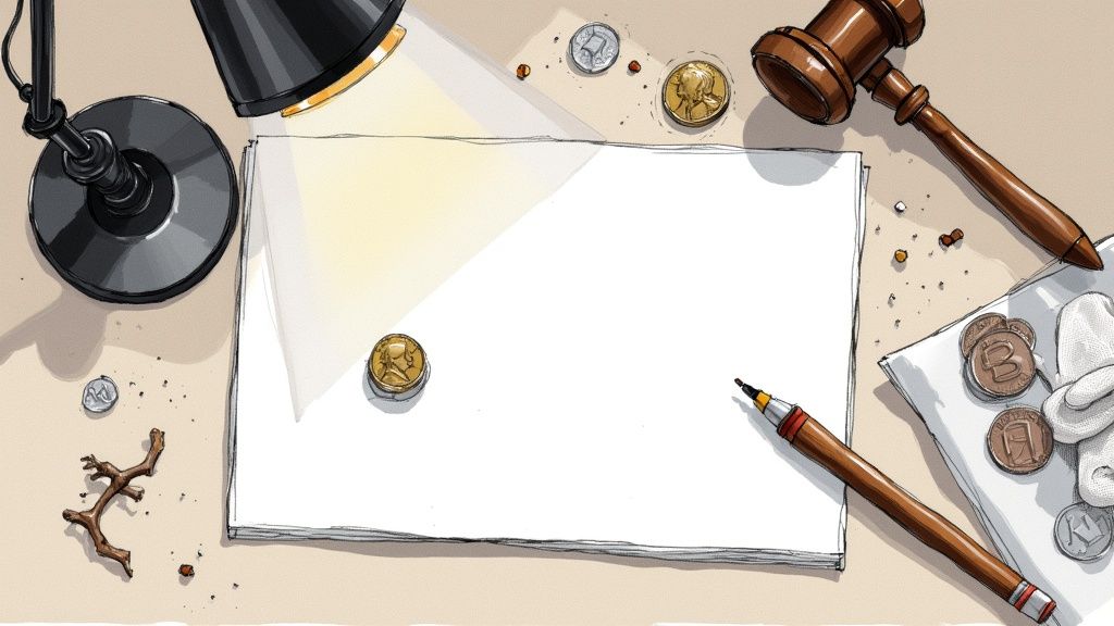 An overhead view of a desk with blank papers, a lamp, various coins, a gavel, and a pen.