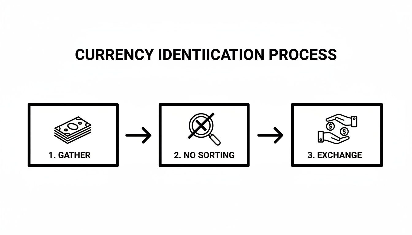 A three-step diagram illustrates the currency identification process: gather, no sorting, and exchange.