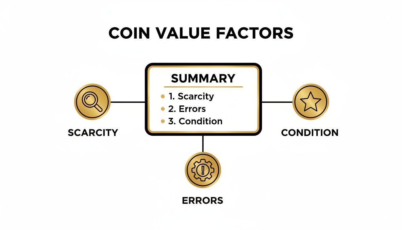 Diagram illustrating the three primary factors determining a coin's value: scarcity, errors, and condition.