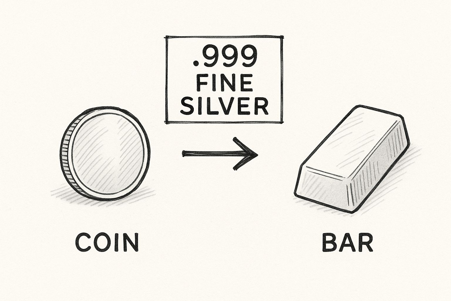 Infographic showing a bullion silver coin transforming into a silver bar with a .999 purity stamp.