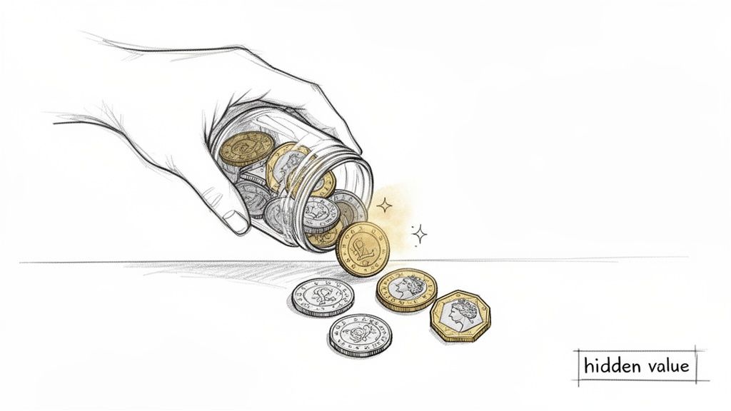 A hand pours a mix of gold and silver pound coins from a glass jar, revealing hidden value.