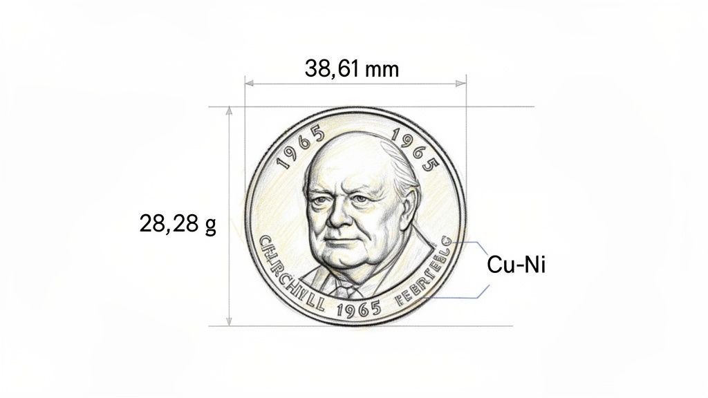 Sketch of the 1965 Winston Churchill Crown coin, showing its diameter, weight, and Cu-Ni material.