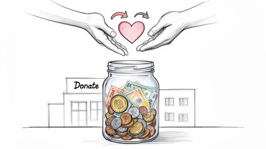 Charity concept art: hands, heart, donation jar filled with money, and a building labeled 'Donate'.