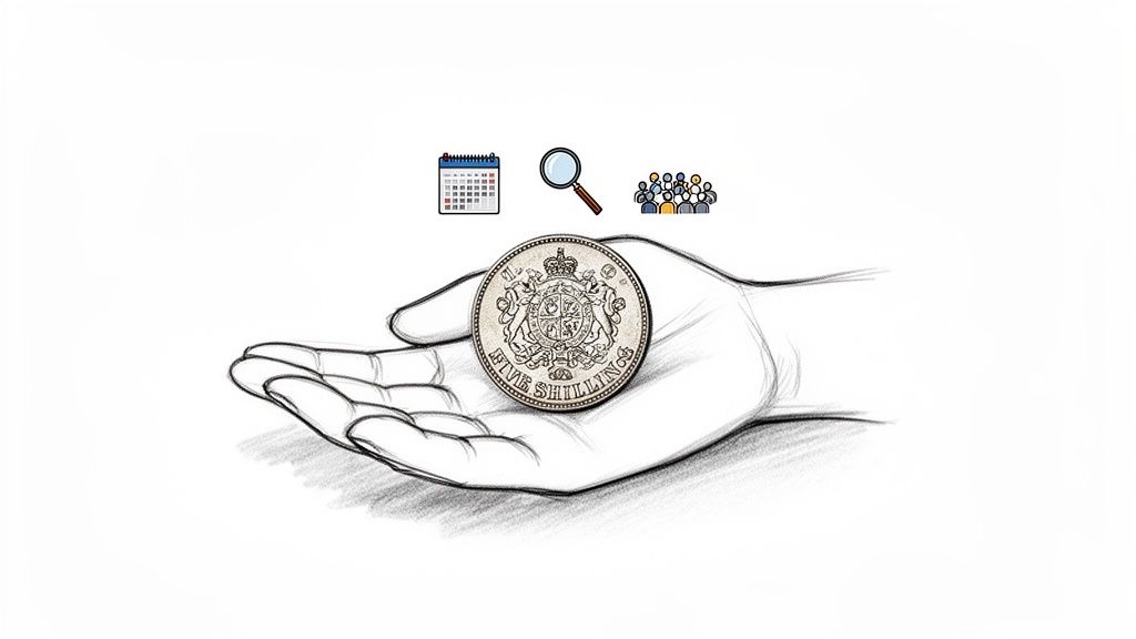 Pencil sketch of an open hand holding a Five Shillings coin, with research icons.