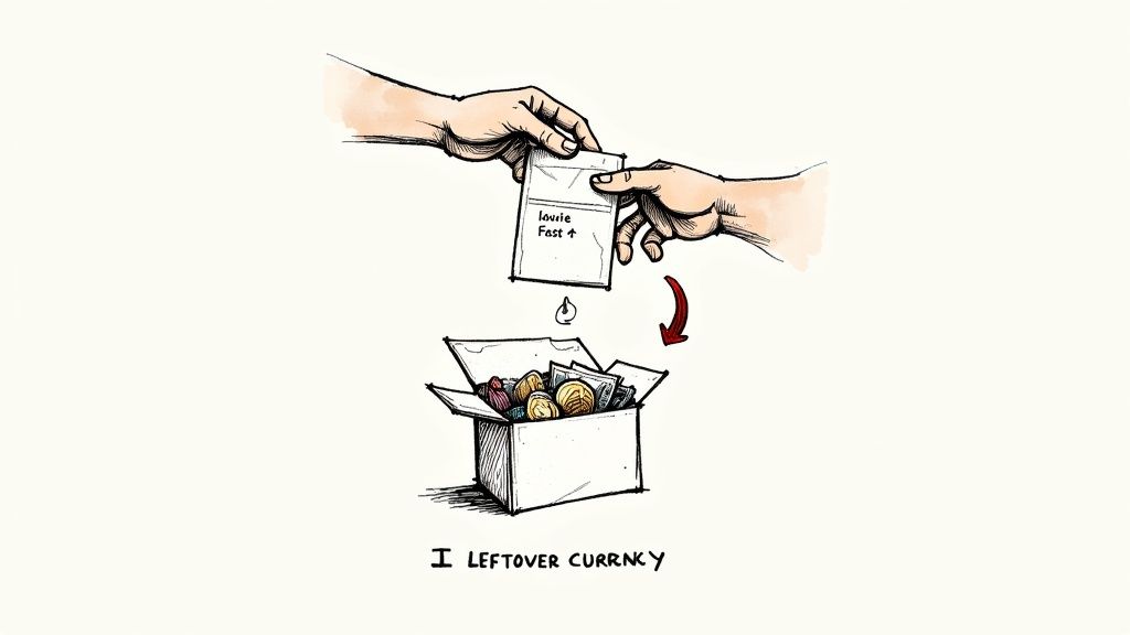 Two hands exchanging a packet labeled 'louie Fast ↑', dropping it into a box of leftover currency.