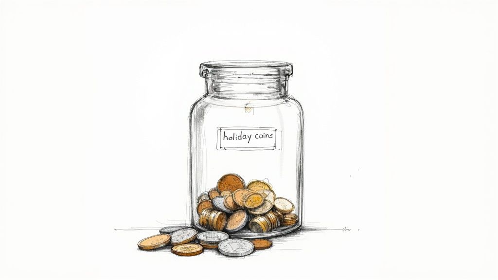 A pencil sketch of a glass jar labeled 'holiday coins,' brimming with various coins, with some scattered around.