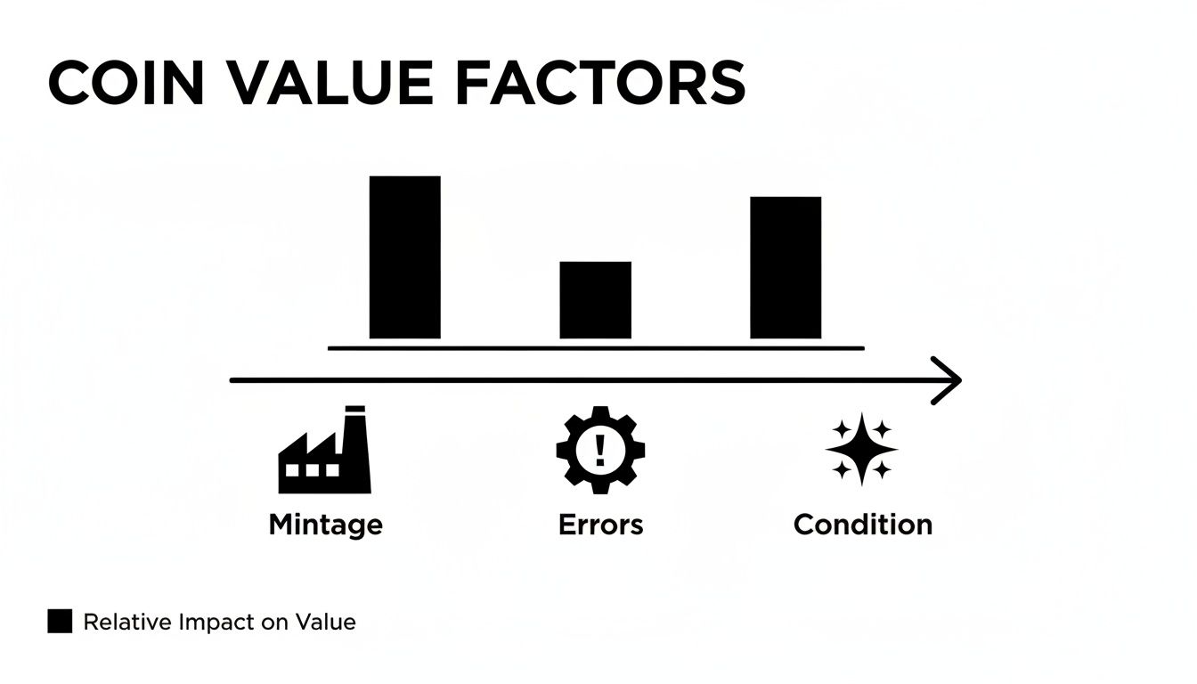 A bar chart illustrating the relative impact of mintage, errors, and condition on coin value.