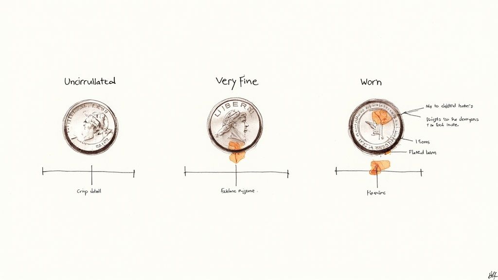 Illustration showing three coins (uncirculated, very fine, worn) demonstrating different stages of wear and detail loss.