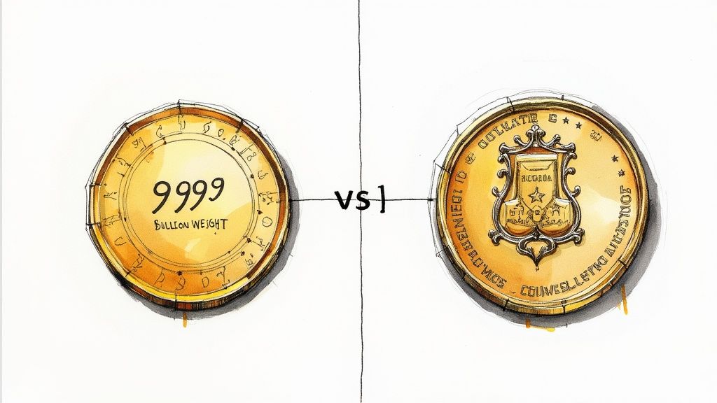 A modern gold bullion coin sits next to a dark, tarnished ancient silver coin, highlighting the difference between investment and collectible value.