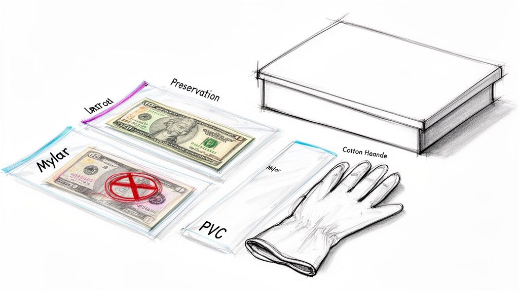 An illustration showing various materials for banknote preservation, including Mylar, PVC sleeves, cotton gloves, and a storage box.