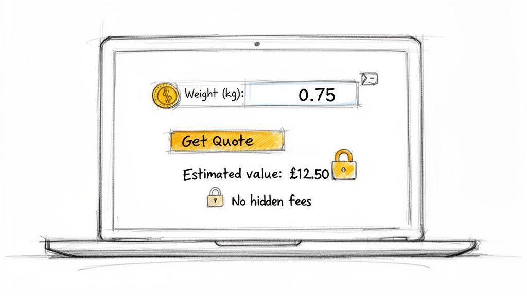 A hand-drawn sketch of a laptop screen showing weight input (0.75 kg) and an estimated value of £12.50, ensuring no hidden fees.