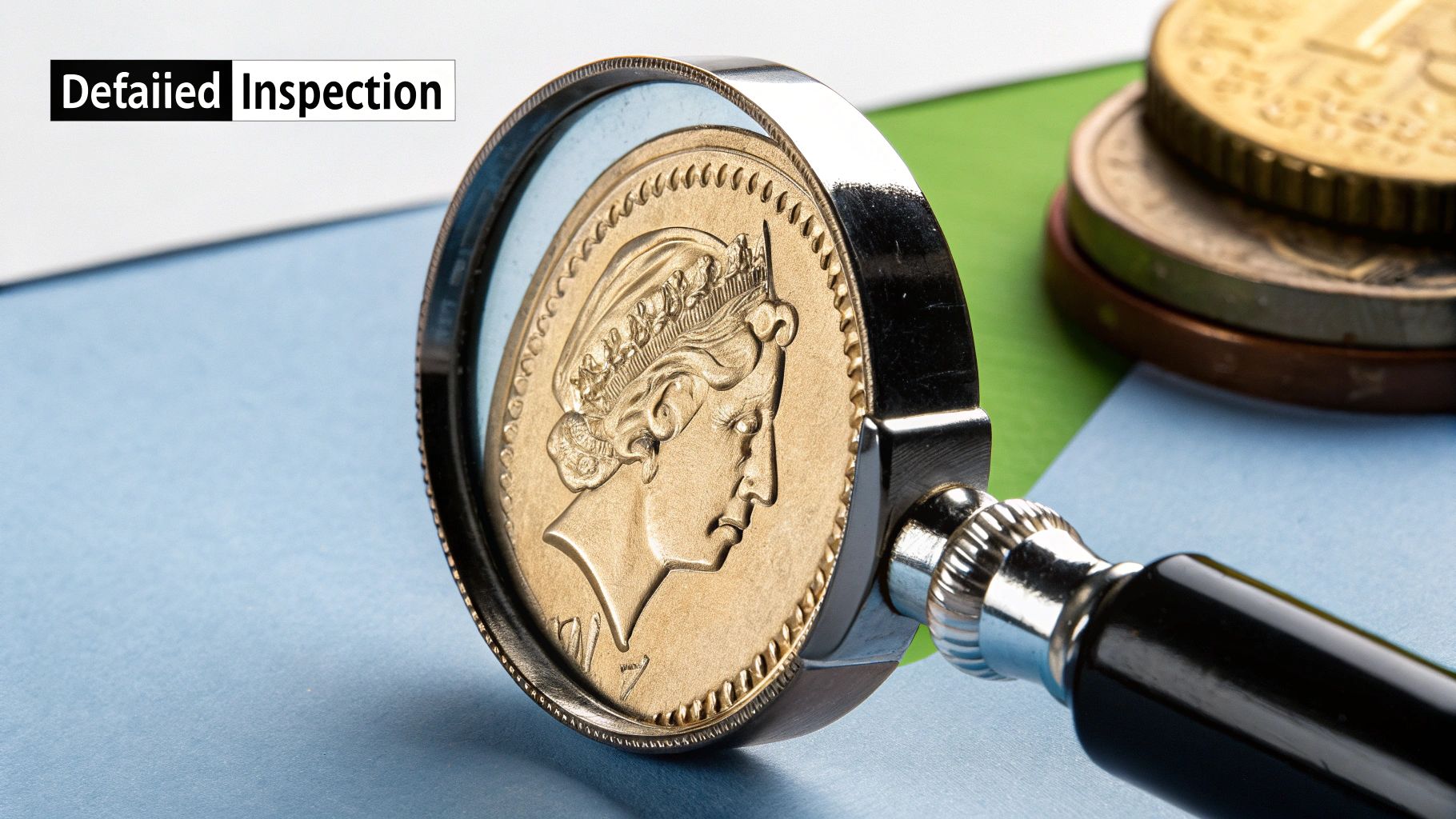 A person examining a coin with a magnifying glass to detect counterfeit details.