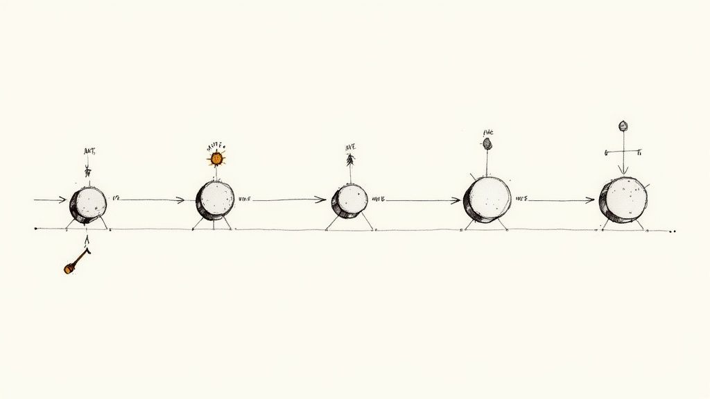 A conceptual diagram showing five drum-like objects in a linear sequence, each topped with a distinct symbol.