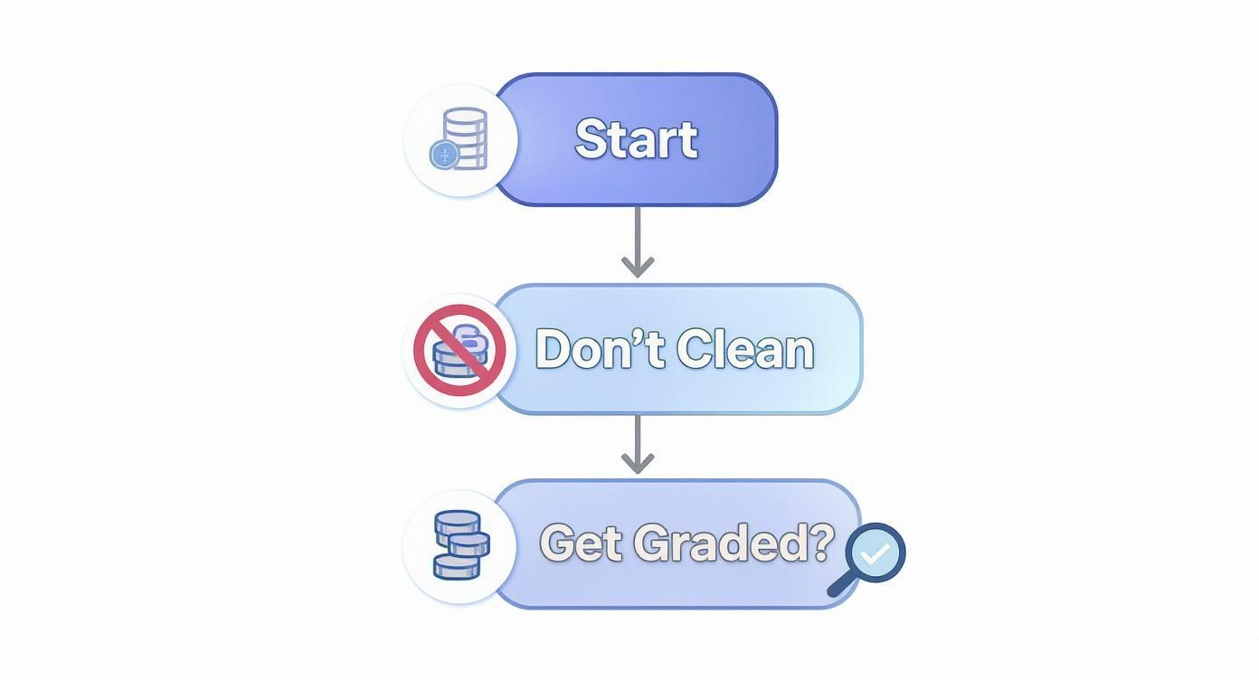 Infographic decision tree for preparing antique coins for sale, showing the steps of not cleaning and considering professional grading.