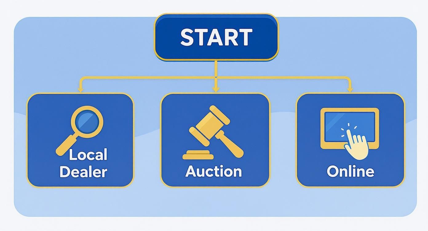 Flowchart illustrating three options to sell items: a local dealer, an auction, or online platforms.