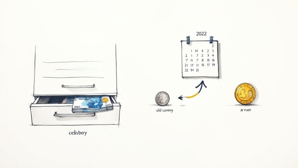 Illustration showing old currency transitioning to new, with banknotes in a drawer and a 2022 calendar.