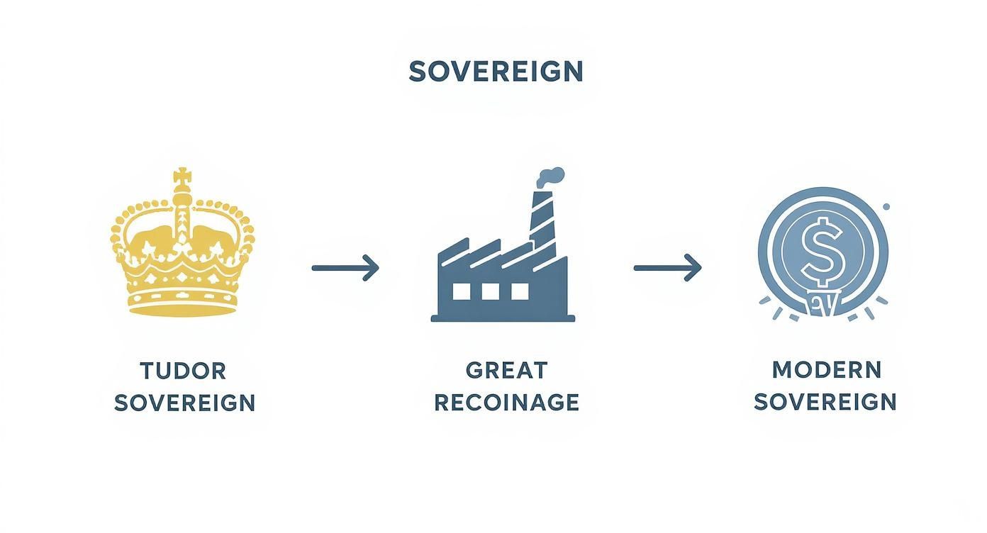 Diagram showing the evolution of the Sovereign from Tudor crown to modern coin via great recoinage.