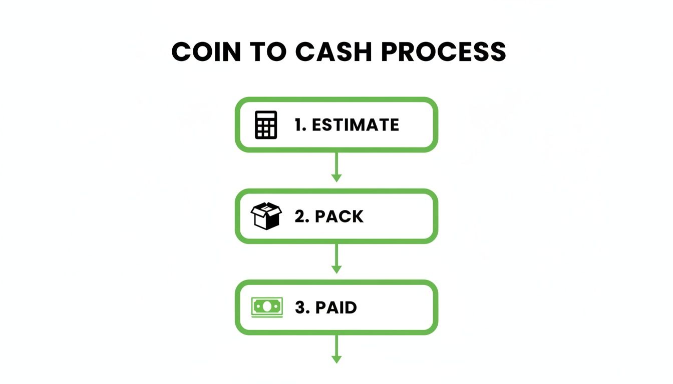 A flowchart illustrates the coin to cash process with three steps: estimate, pack, and paid.