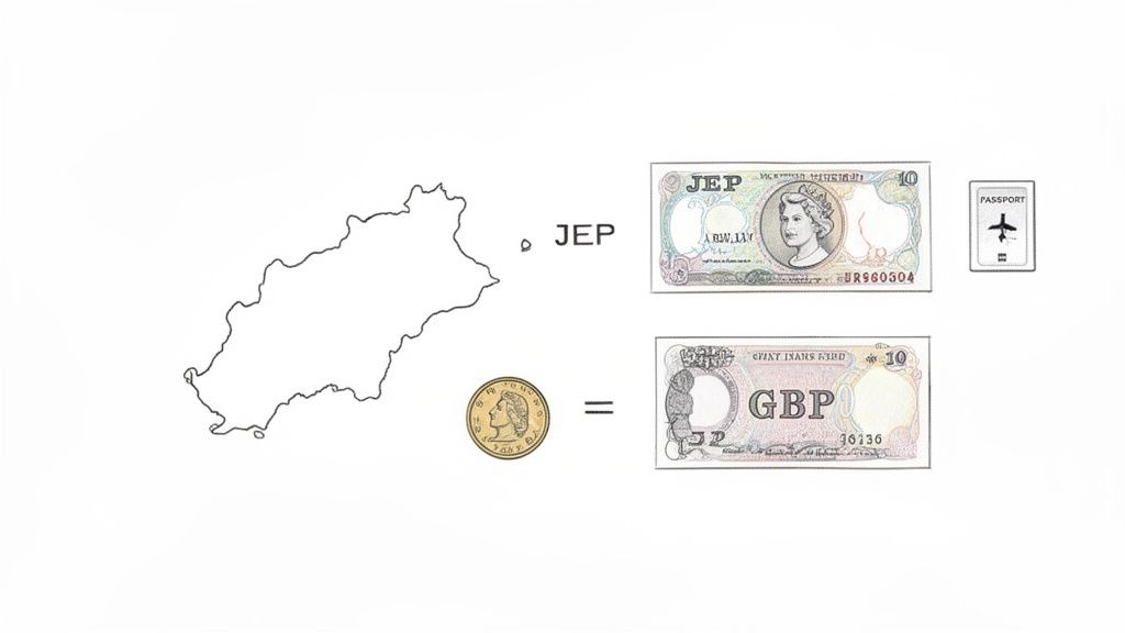 A diagram illustrating Jersey's currency, JEP, equivalent to British Pounds (GBP), alongside a passport icon.