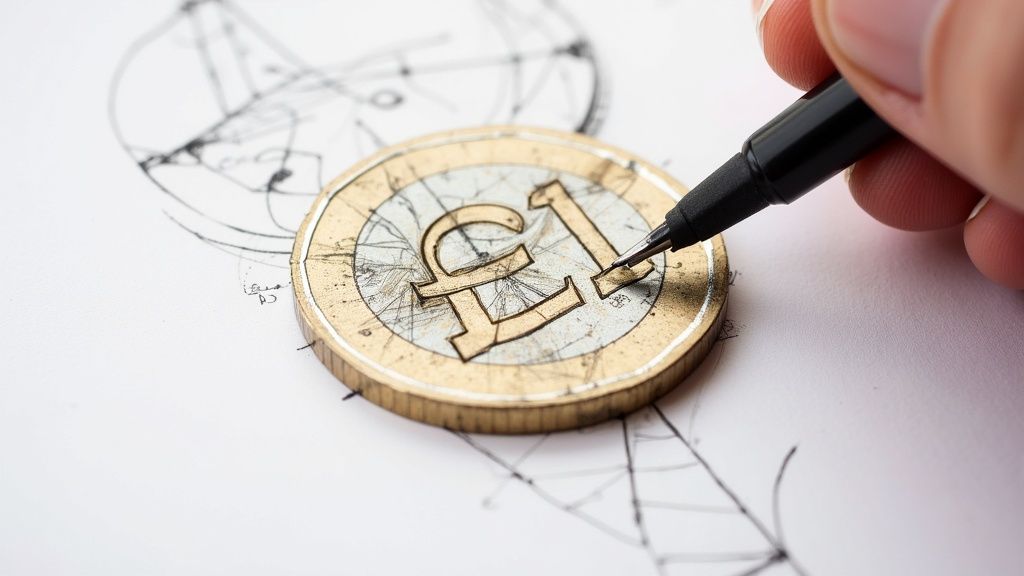 A person using a magnifying glass to inspect the details of a one pound coin.