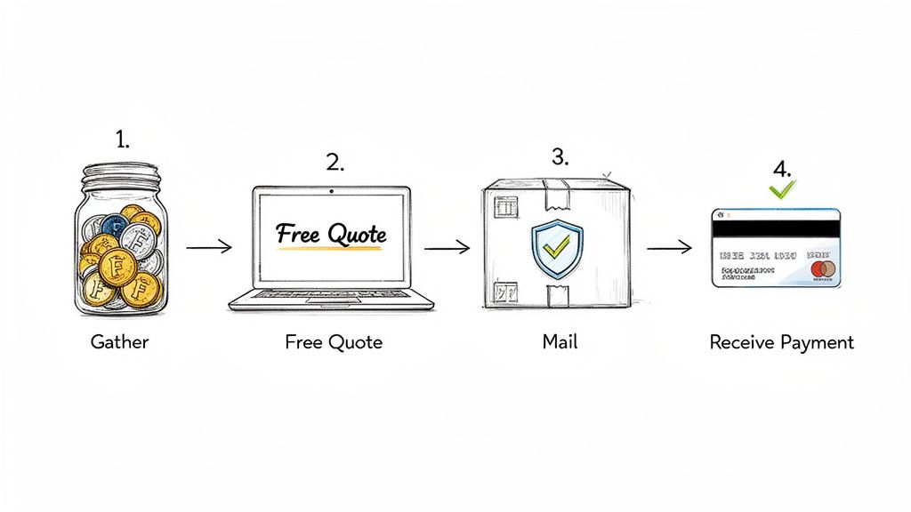 Illustration of a four-step process for converting currency: gather, get a quote, mail, and receive payment.