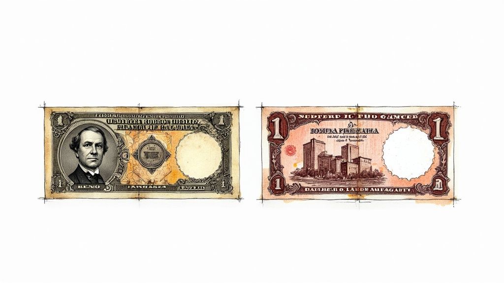 An assortment of old paper banknotes showcasing historical designs.