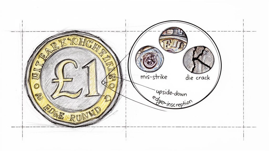 Sketch of a £1 coin illustrating common minting errors like mis-strike, die crack, and upside-down edge inscription.