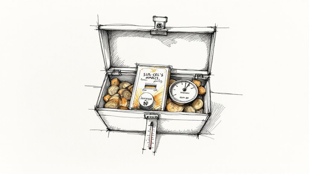 A collection of coins stored in a stable, dark wooden box with silica gel packets inside.