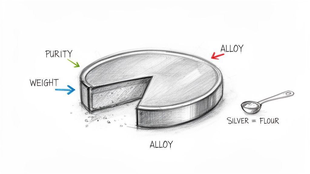 A sketch illustrating the components of an alloy, showing purity, weight, and the alloy itself, with a silver-flour metaphor.