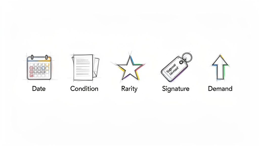 Five hand-drawn icons representing factors influencing value: Date, Condition, Rarity, Signature, and Demand.