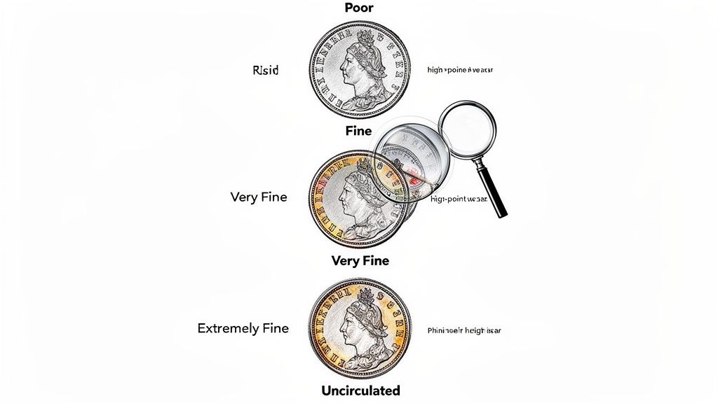 A visual guide illustrating different grades of coin wear, from poor to uncirculated, with descriptions.