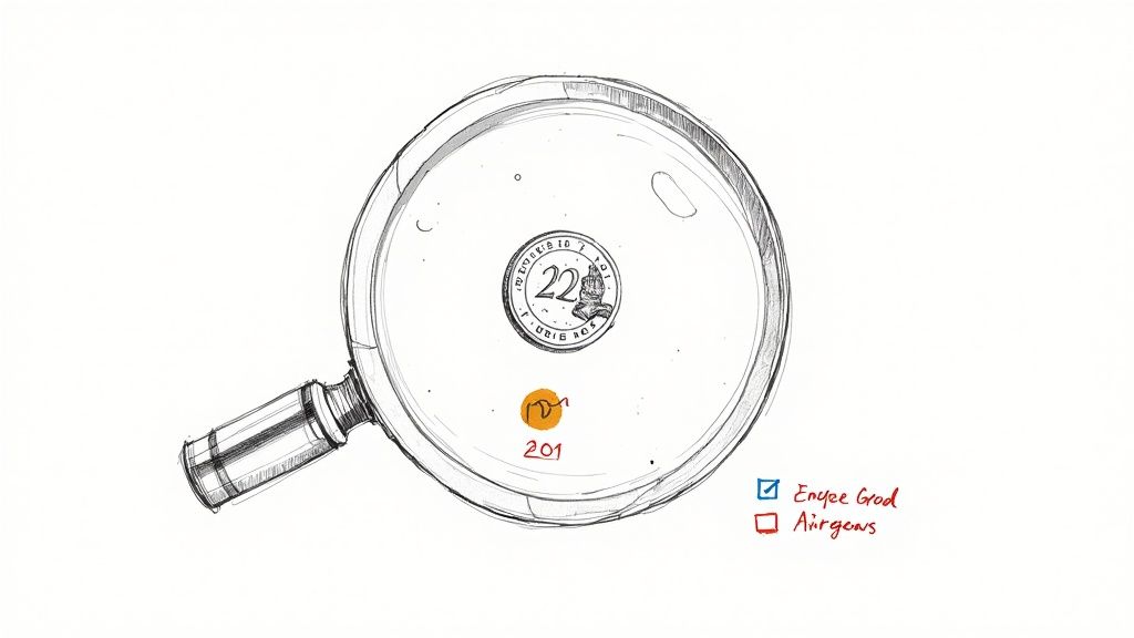 A magnifying glass held over a pile of UK pound coins, focusing on the details of one particular coin.