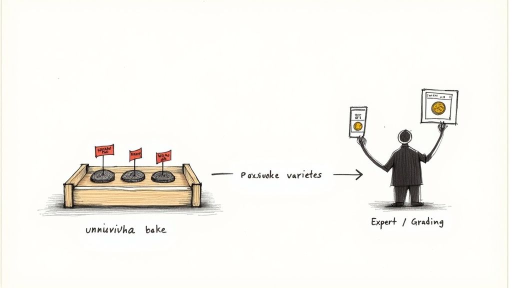 Illustration of a coin evaluation process, from unclassified coins to potential varieties and expert grading.