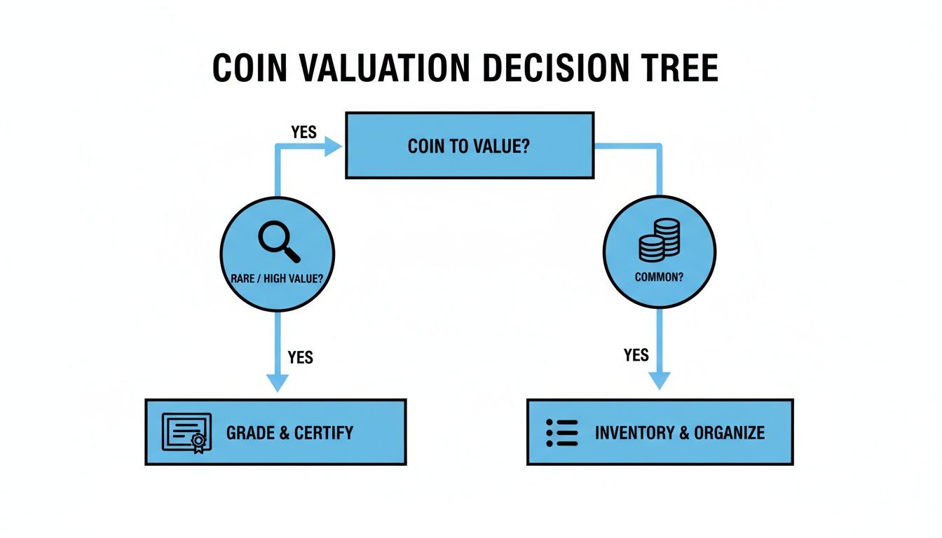 Decision tree illustrating the process for valuing coins, distinguishing between rare and common coins for grading or organizing.