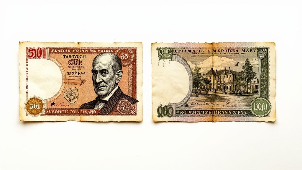 A collection of old European coins and banknotes, including Lira, Francs, and Deutsche Marks, spread across a wooden surface.