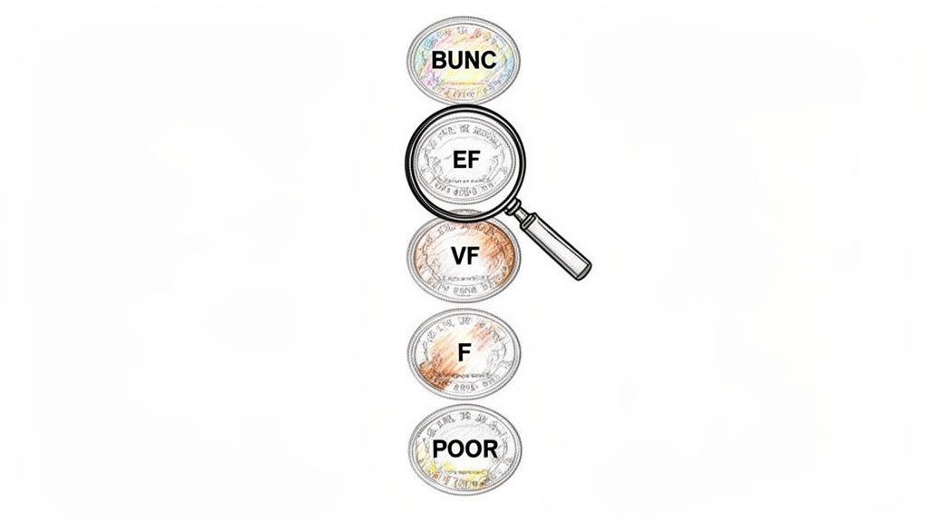 A vertical list of coin grading terms including BUNC, EF, VF, F, and POOR, with a magnifying glass over EF.