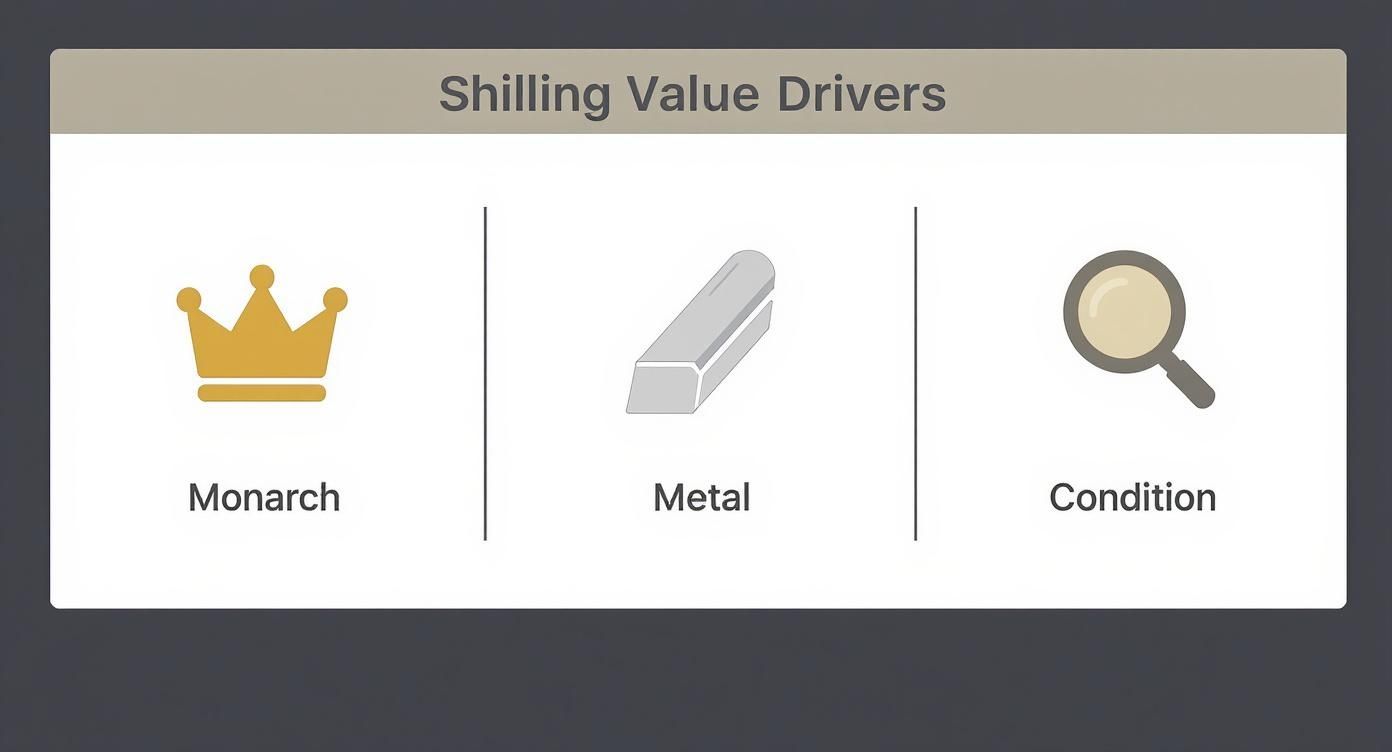 An infographic displaying the three key factors that drive the value of shilling coins: monarch, metal, and condition.