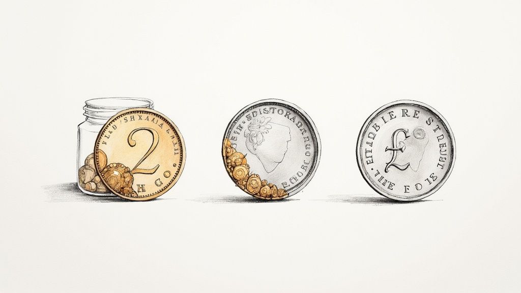 Three artistic coins, one golden with a '2' in a jar, and two silver, featuring ornate golden growths.