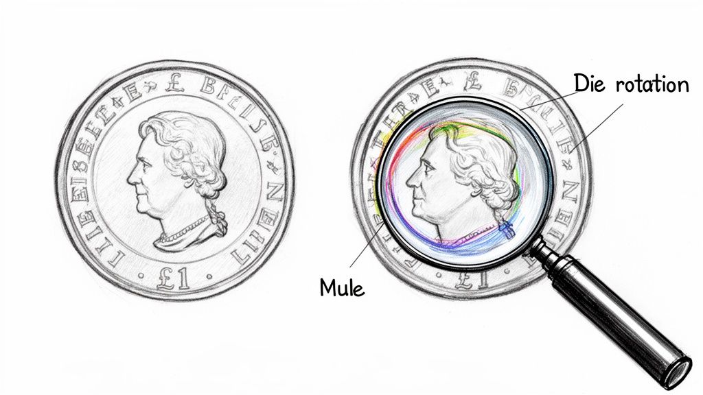 Illustrations comparing a standard pound coin with one showcasing die rotation and mule minting errors.