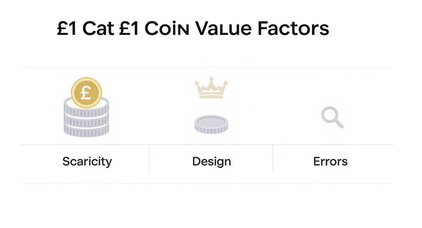 An infographic showing scarcity, design, and errors as key factors determining the value of £1 coins.