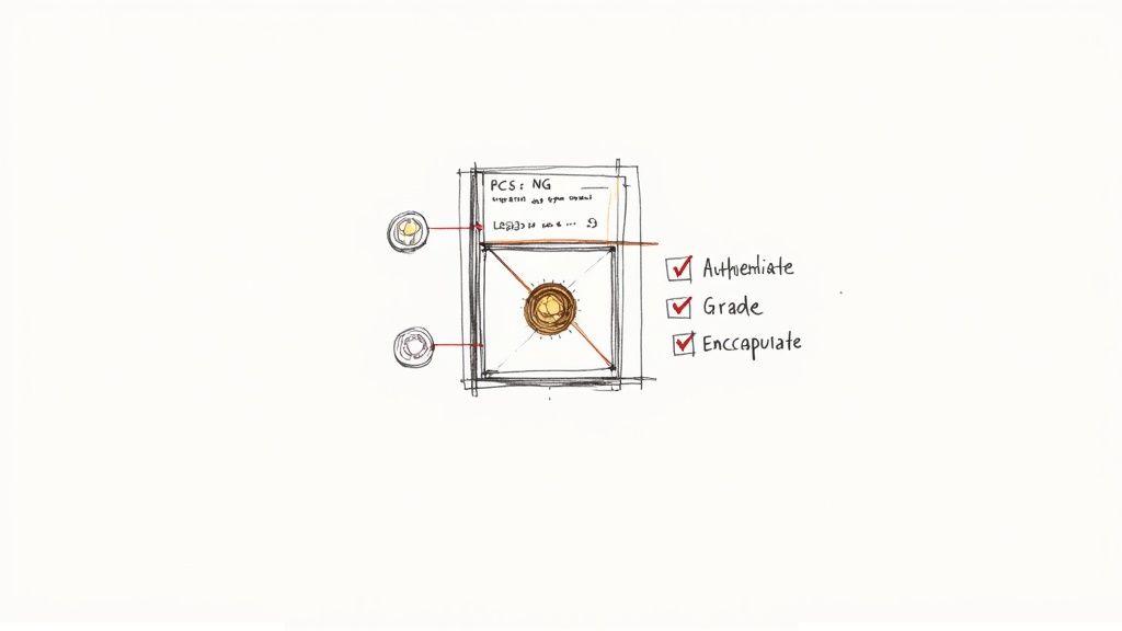 A hand-drawn sketch outlining the steps of authenticating, grading, and encapsulating a coin.