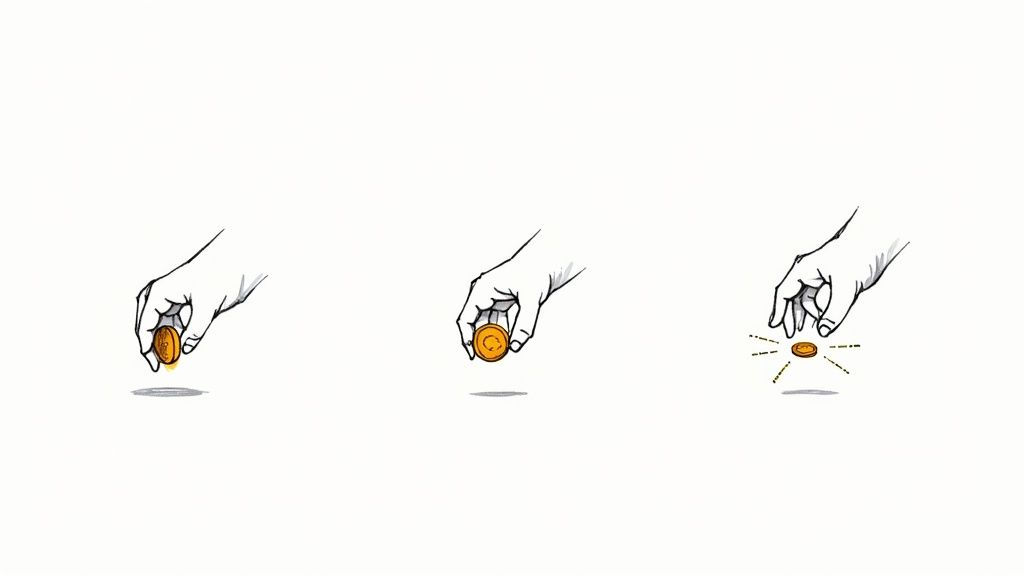 A three-panel illustration shows a hand dropping a shiny gold coin, which then lands on a surface.