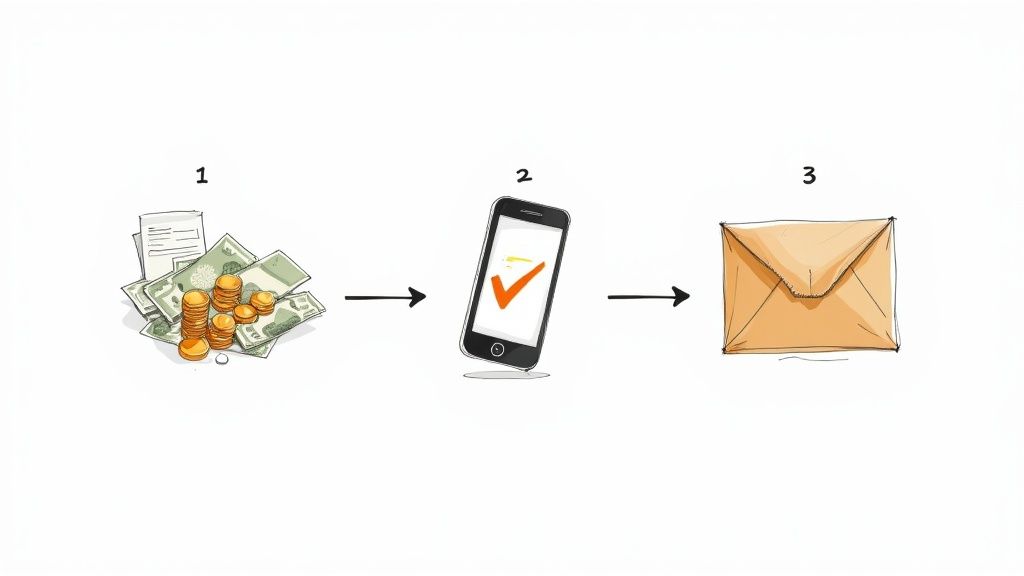 A visual process from money and documents to a confirmed digital transaction on a smartphone, ending with an envelope.