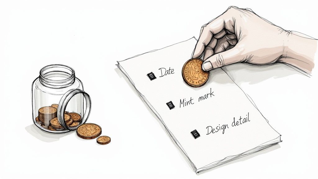 A hand holding a coin over a checklist with items 'Date', 'Mint mark', and 'Design detail', next to a jar of coins.