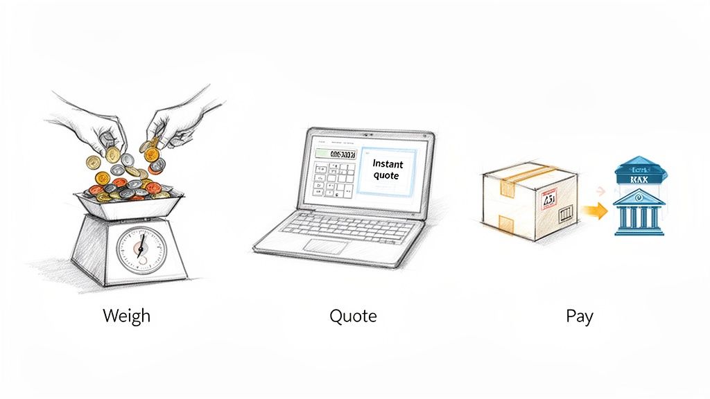 Illustration of three steps: weighing coins, getting an instant quote on a laptop, and paying taxes for a package.