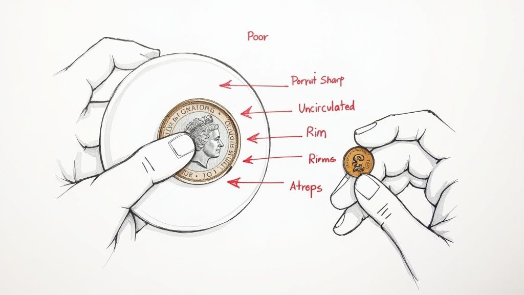 An illustration demonstrating various coin grading terms like 'Poor', 'Uncirculated', and 'Rim' on a large coin.