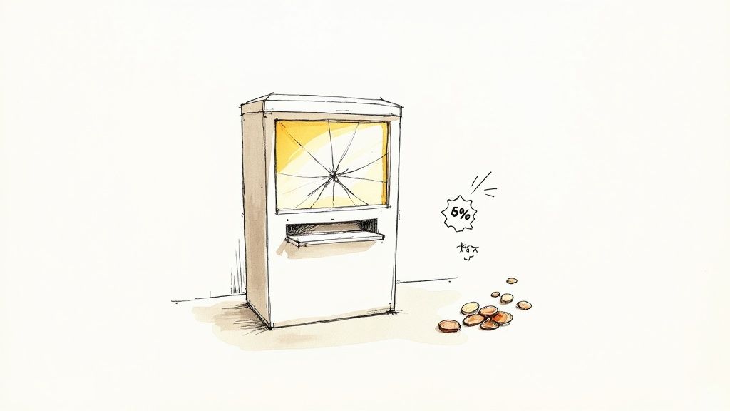 Sketch of a broken money exchange machine with a cracked screen and coins, implying a 5% transaction fee.